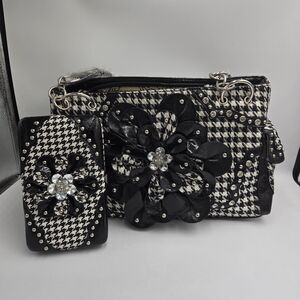 Y2K Houndstooth Rhinestone Flower Shoulder bag Purse Wallet Set Cowgirl Glam NWT